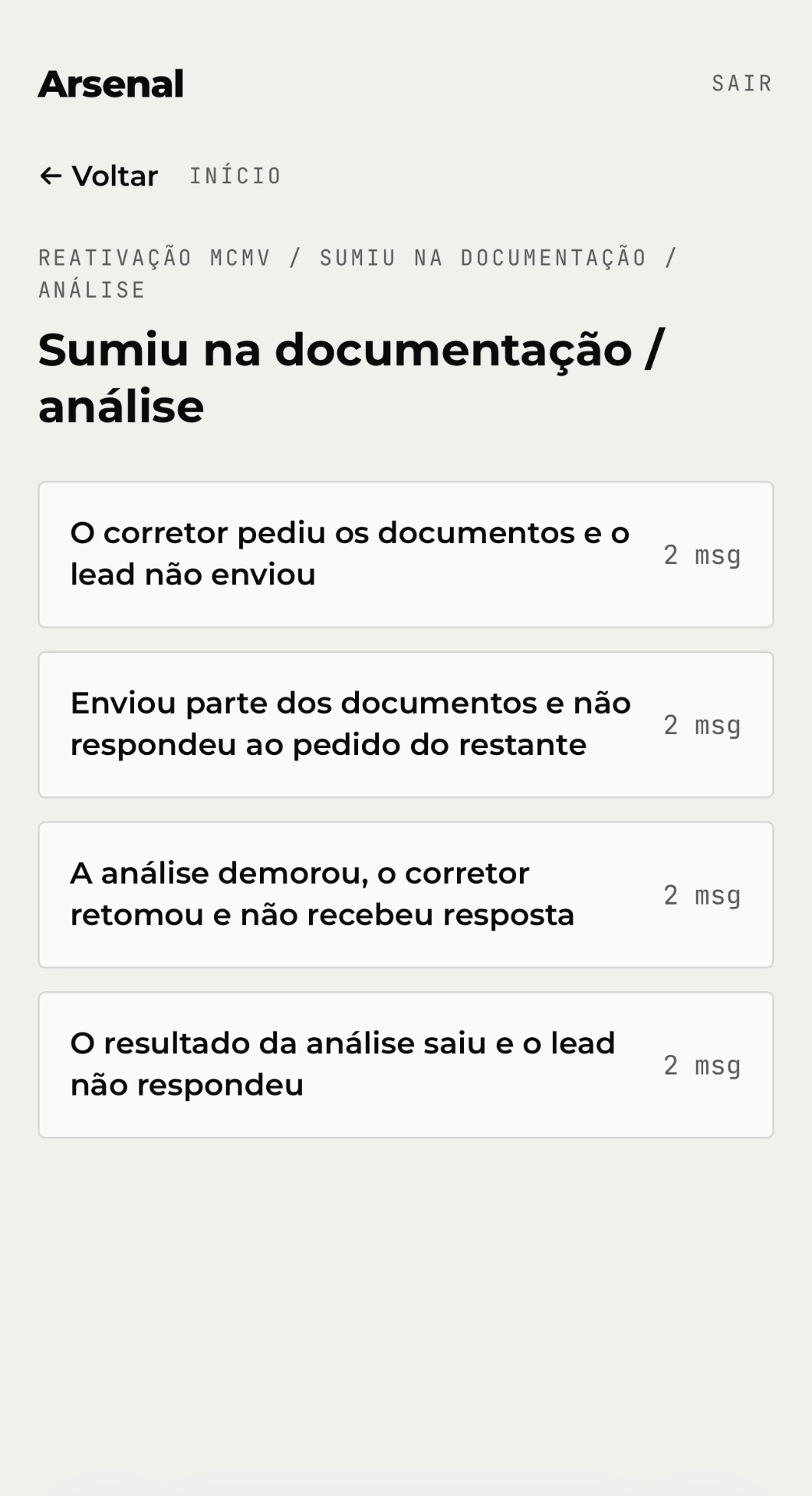 Tela do Arsenal: Selecione a situação do seu lead.